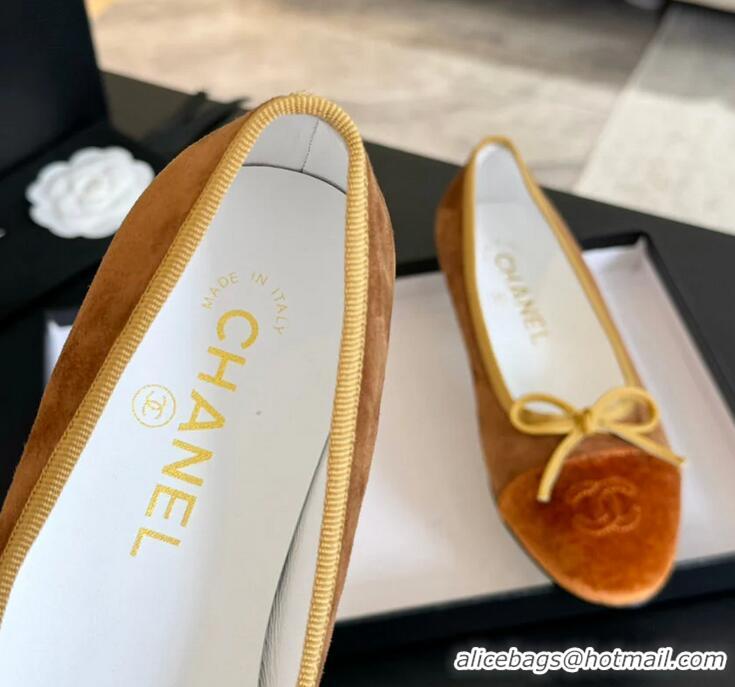 Top Quality Chanel CC Ballet Flat With Bow Suede CH1023 Brown/Amber Canvas