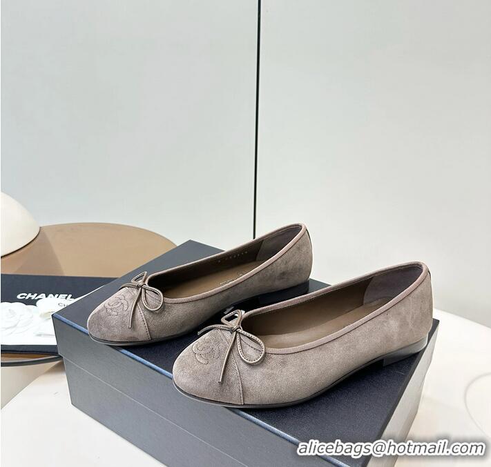 ​Low Price Chanel 25 Ballet Flat With Bow Suede CH1023 Grey/Taupe