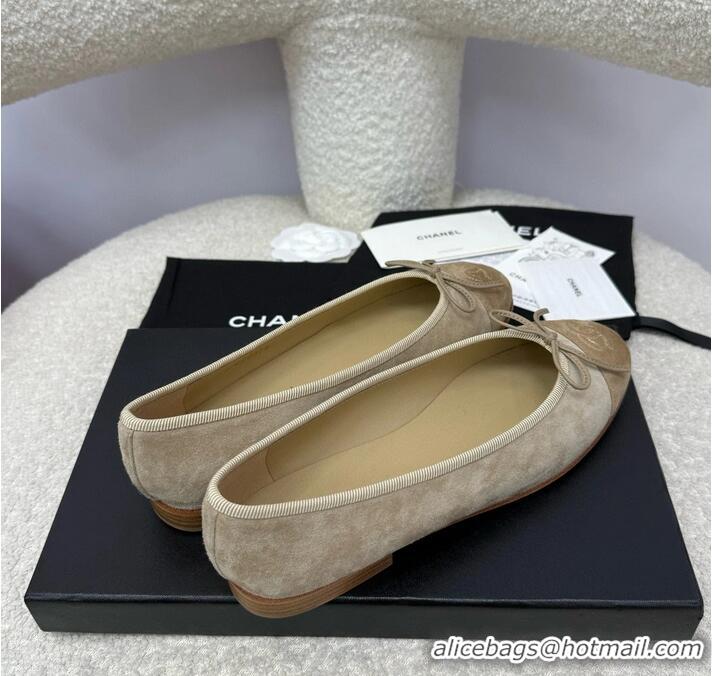 ​New Design Chanel CC 25A Ballet Flat With Bow Suede CH1023 Grey/Dark Brown
