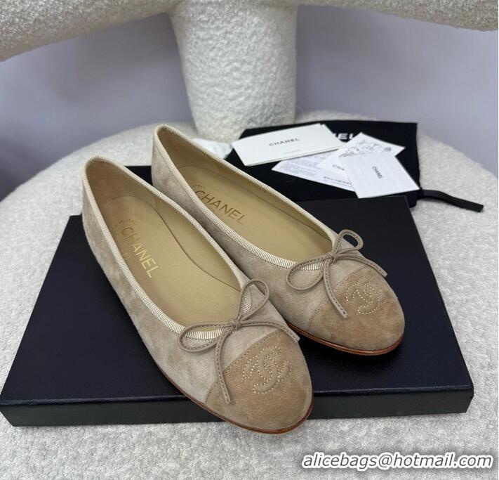 ​New Design Chanel CC 25A Ballet Flat With Bow Suede CH1023 Grey/Dark Brown