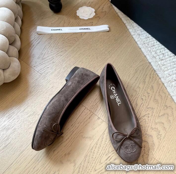 Low Cost Chanel CC Ballet Flat With Bow Suede CH1023 Dark Brown