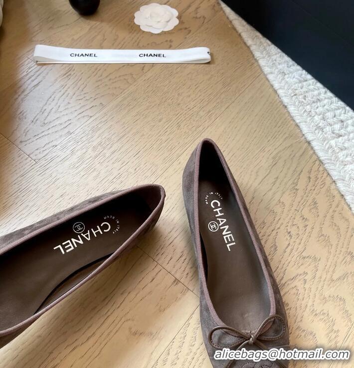 Low Cost Chanel CC Ballet Flat With Bow Suede CH1023 Dark Brown