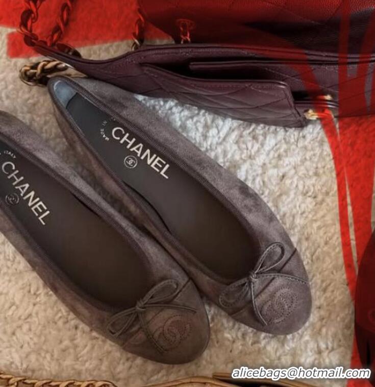 Low Cost Chanel CC Ballet Flat With Bow Suede CH1023 Dark Brown