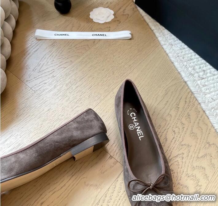 Low Cost Chanel CC Ballet Flat With Bow Suede CH1023 Dark Brown