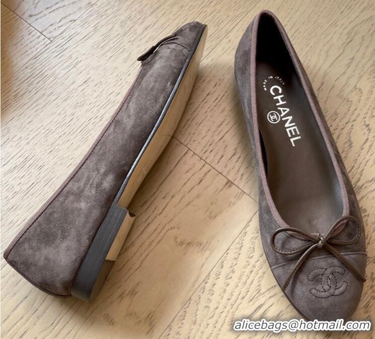 Low Cost Chanel CC Ballet Flat With Bow Suede CH1023 Dark Brown