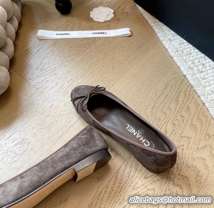 Low Cost Chanel CC Ballet Flat With Bow Suede CH1023 Dark Brown