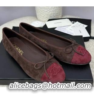 ​Best Quality Chanel CC 25A Ballet Flat With Bow Suede CH1023 Chocolate/Dark Red
