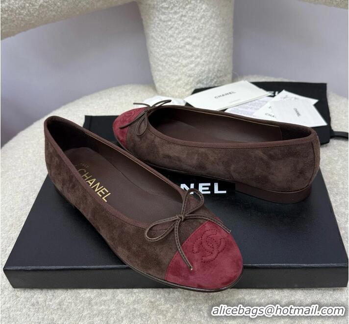 ​Best Quality Chanel CC 25A Ballet Flat With Bow Suede CH1023 Chocolate/Dark Red