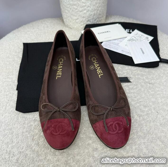 ​Best Quality Chanel CC 25A Ballet Flat With Bow Suede CH1023 Chocolate/Dark Red
