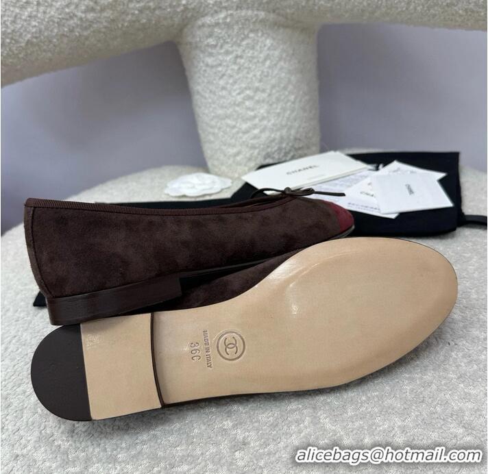 ​Best Quality Chanel CC 25A Ballet Flat With Bow Suede CH1023 Chocolate/Dark Red