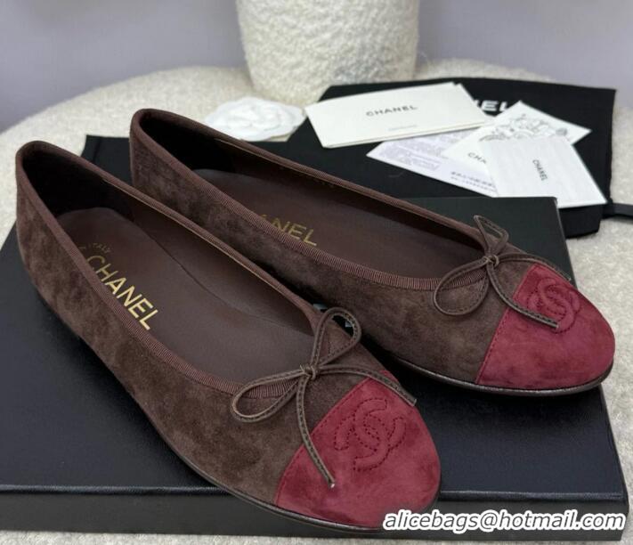 ​Best Quality Chanel CC 25A Ballet Flat With Bow Suede CH1023 Chocolate/Dark Red