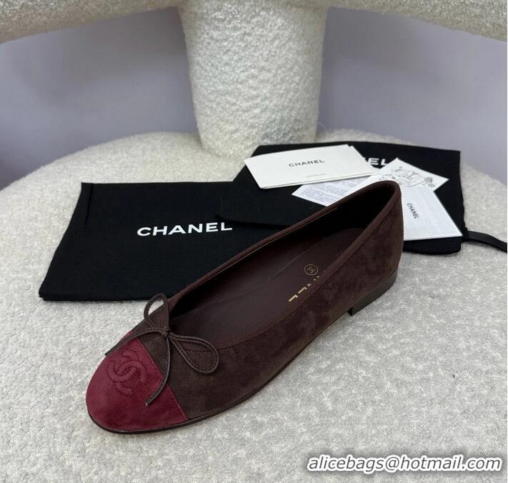 ​Best Quality Chanel CC 25A Ballet Flat With Bow Suede CH1023 Chocolate/Dark Red