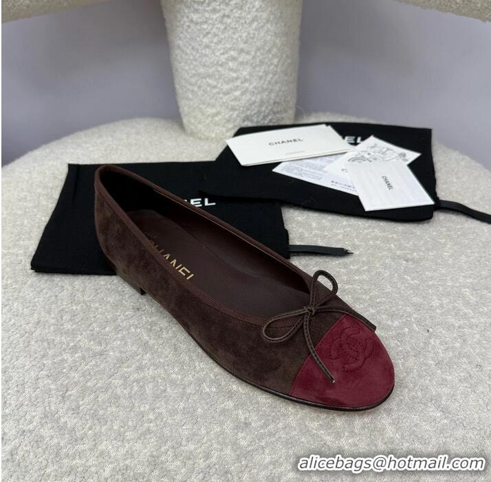 ​Best Quality Chanel CC 25A Ballet Flat With Bow Suede CH1023 Chocolate/Dark Red