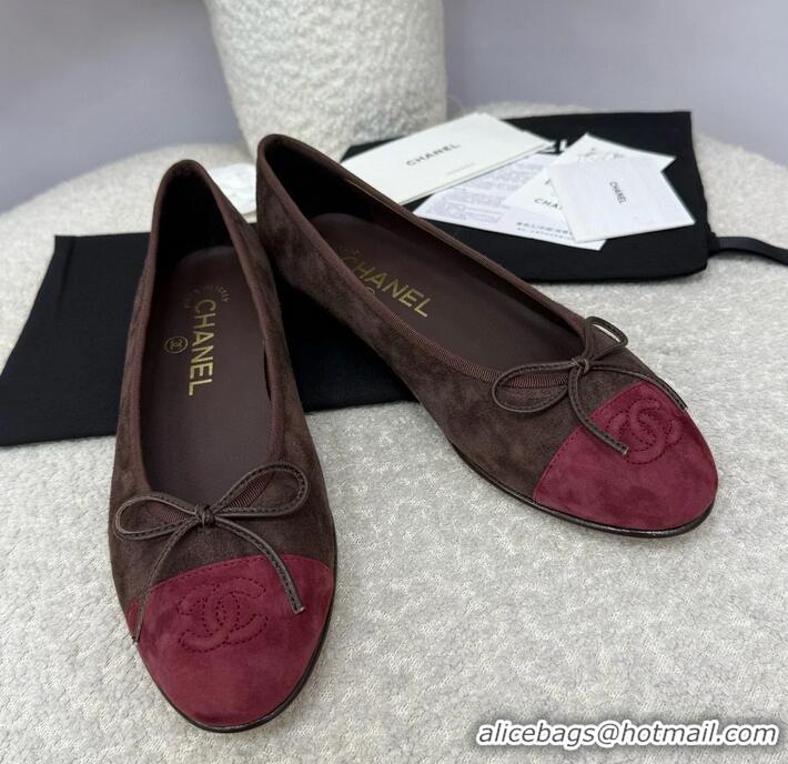 ​Best Quality Chanel CC 25A Ballet Flat With Bow Suede CH1023 Chocolate/Dark Red