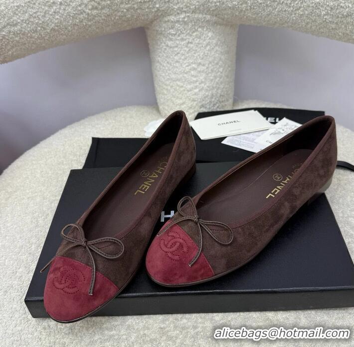 ​Best Quality Chanel CC 25A Ballet Flat With Bow Suede CH1023 Chocolate/Dark Red