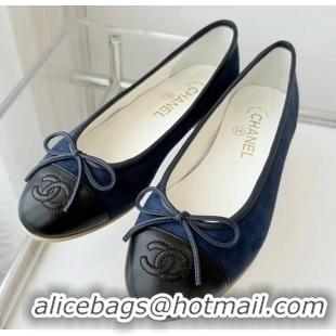 ​Grade Discount Chanel CC Ballet Flat With Bow Suede CH1023 Navy Blue/Black
