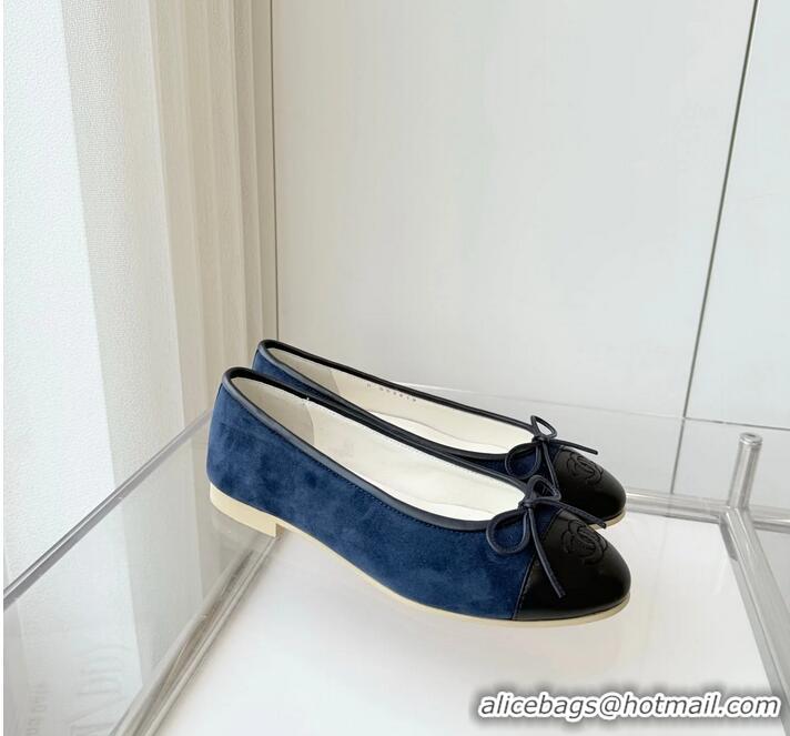 ​Grade Discount Chanel CC Ballet Flat With Bow Suede CH1023 Navy Blue/Black