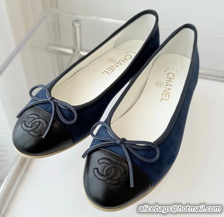 ​Grade Discount Chanel CC Ballet Flat With Bow Suede CH1023 Navy Blue/Black