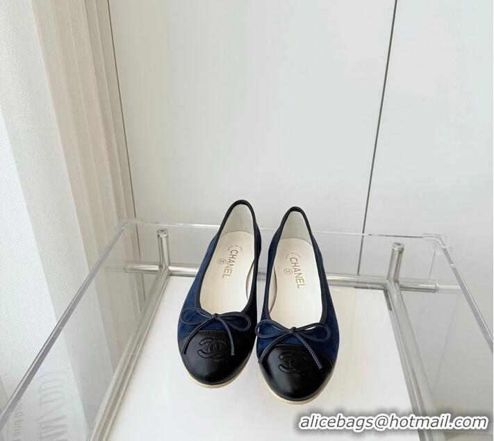 ​Grade Discount Chanel CC Ballet Flat With Bow Suede CH1023 Navy Blue/Black