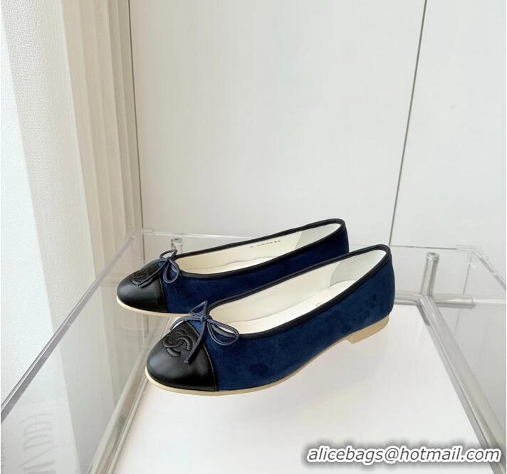 ​Grade Discount Chanel CC Ballet Flat With Bow Suede CH1023 Navy Blue/Black