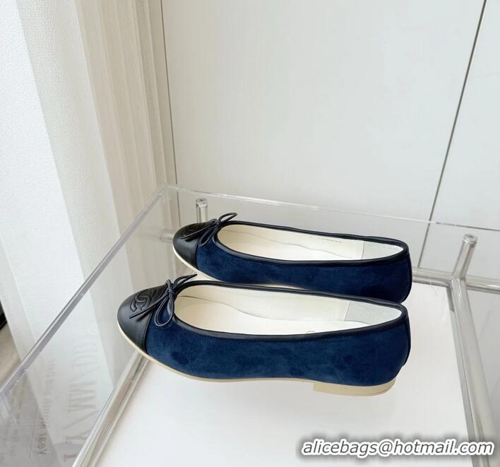 ​Grade Discount Chanel CC Ballet Flat With Bow Suede CH1023 Navy Blue/Black