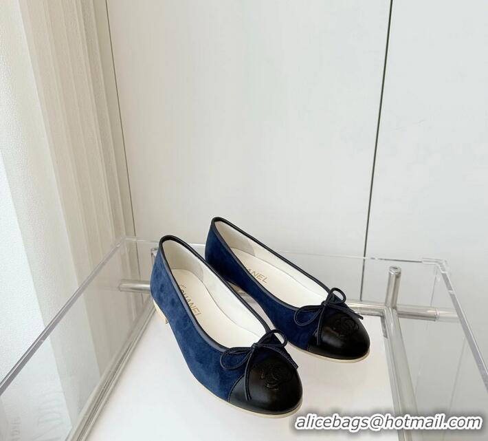 ​Grade Discount Chanel CC Ballet Flat With Bow Suede CH1023 Navy Blue/Black