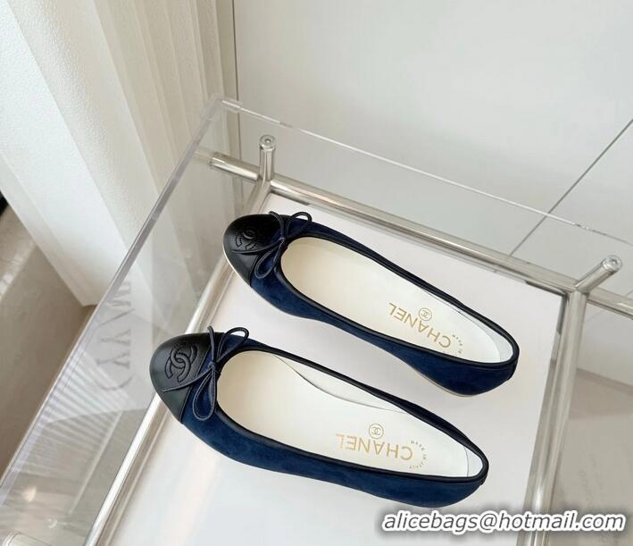 ​Grade Discount Chanel CC Ballet Flat With Bow Suede CH1023 Navy Blue/Black