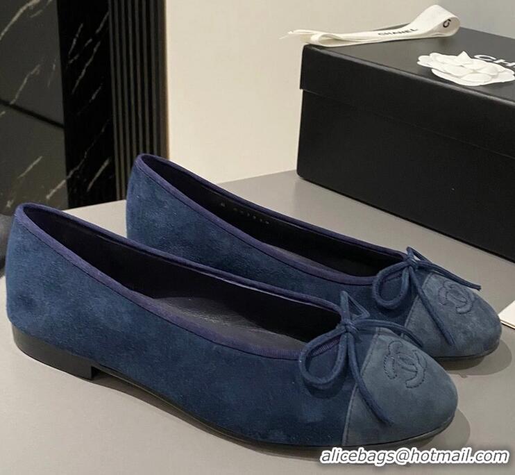 ​Promotional Chanel CC Ballet Flat With Bow Suede/Calfskin CH1023 Dark Blue