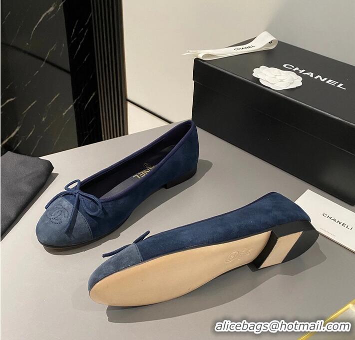 ​Promotional Chanel CC Ballet Flat With Bow Suede/Calfskin CH1023 Dark Blue