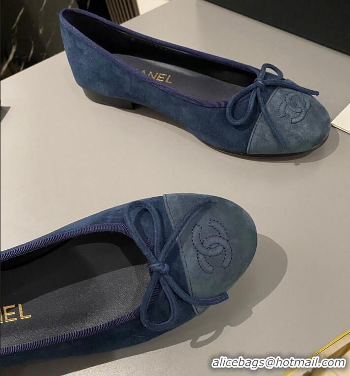 ​Promotional Chanel CC Ballet Flat With Bow Suede/Calfskin CH1023 Dark Blue