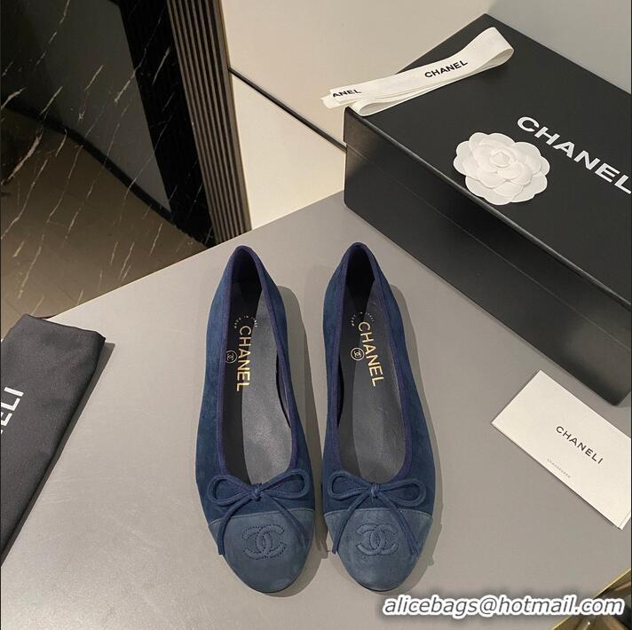 ​Promotional Chanel CC Ballet Flat With Bow Suede/Calfskin CH1023 Dark Blue