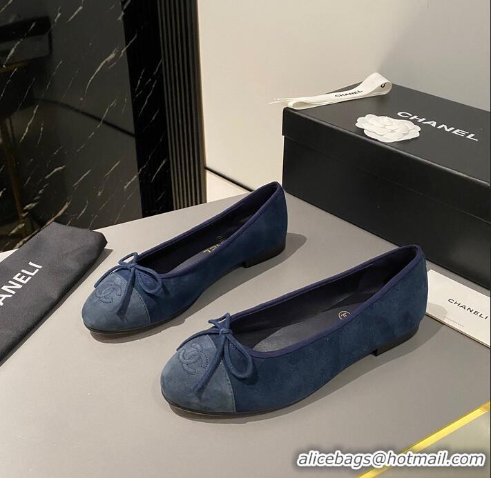 ​Promotional Chanel CC Ballet Flat With Bow Suede/Calfskin CH1023 Dark Blue