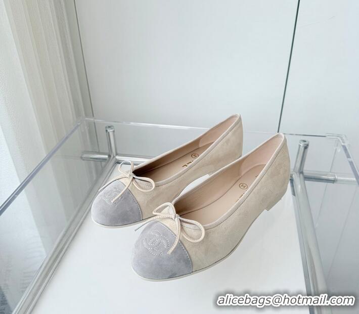 Pretty Style Chanel CC Ballet Flat With Bow Suede CH1023 Beige/Light Grey