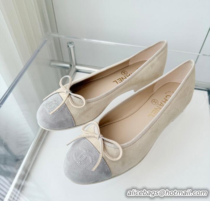 Pretty Style Chanel CC Ballet Flat With Bow Suede CH1023 Beige/Light Grey