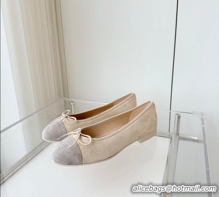 Pretty Style Chanel CC Ballet Flat With Bow Suede CH1023 Beige/Light Grey