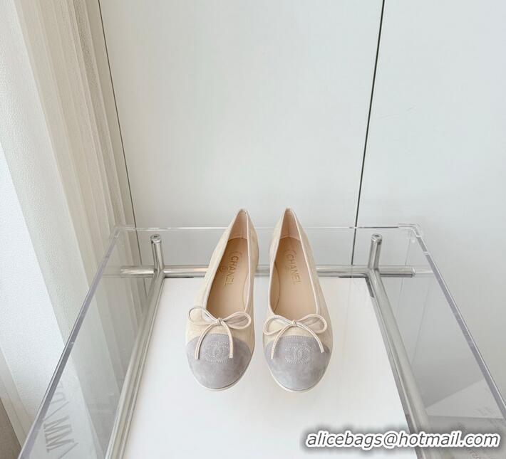 Pretty Style Chanel CC Ballet Flat With Bow Suede CH1023 Beige/Light Grey