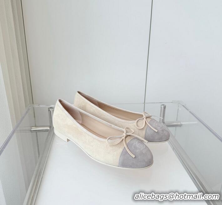 Pretty Style Chanel CC Ballet Flat With Bow Suede CH1023 Beige/Light Grey