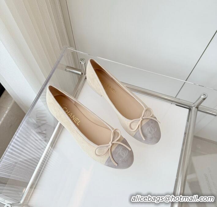 Pretty Style Chanel CC Ballet Flat With Bow Suede CH1023 Beige/Light Grey