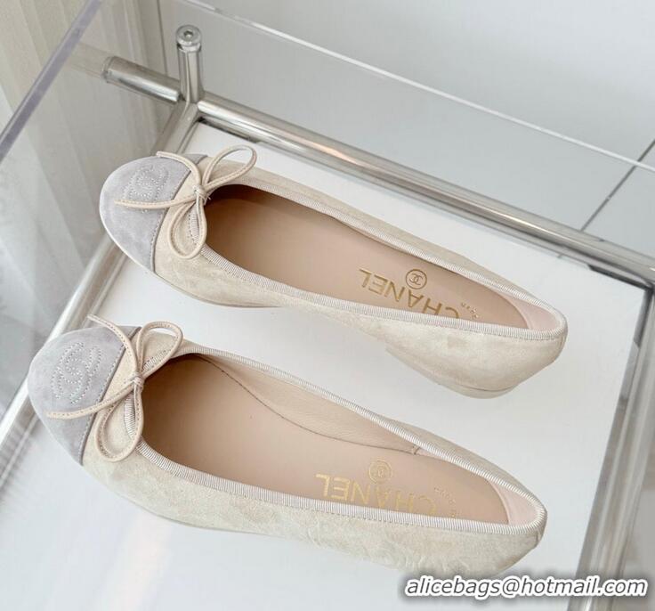 Pretty Style Chanel CC Ballet Flat With Bow Suede CH1023 Beige/Light Grey