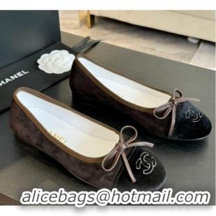 Grade Quality Chanel CC Ballet Flat With Bow Suede CH1023 Chocolate/Black Canvas