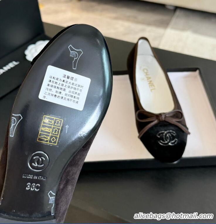 Grade Quality Chanel CC Ballet Flat With Bow Suede CH1023 Chocolate/Black Canvas