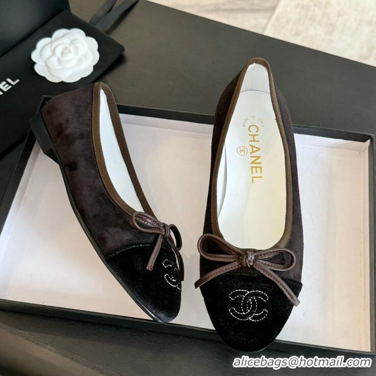 Grade Quality Chanel CC Ballet Flat With Bow Suede CH1023 Chocolate/Black Canvas