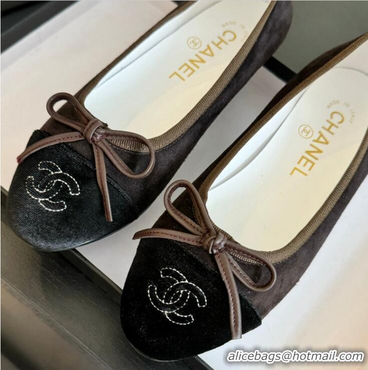 Grade Quality Chanel CC Ballet Flat With Bow Suede CH1023 Chocolate/Black Canvas