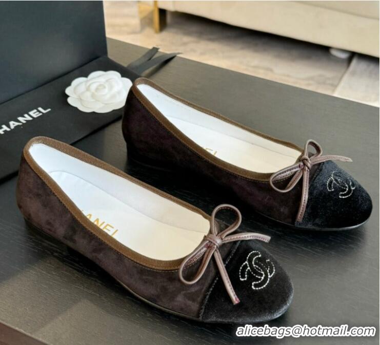 Grade Quality Chanel CC Ballet Flat With Bow Suede CH1023 Chocolate/Black Canvas