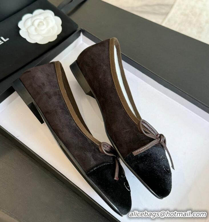 Grade Quality Chanel CC Ballet Flat With Bow Suede CH1023 Chocolate/Black Canvas