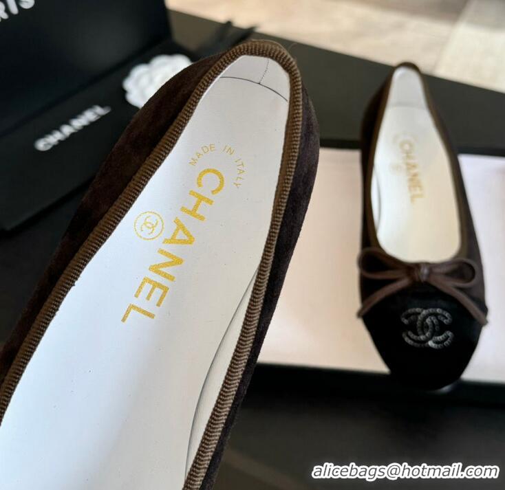 Grade Quality Chanel CC Ballet Flat With Bow Suede CH1023 Chocolate/Black Canvas