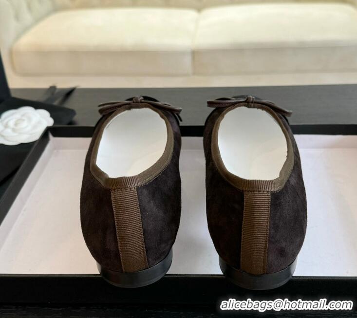 Grade Quality Chanel CC Ballet Flat With Bow Suede CH1023 Chocolate/Black Canvas