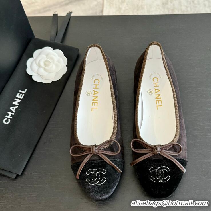 Grade Quality Chanel CC Ballet Flat With Bow Suede CH1023 Chocolate/Black Canvas
