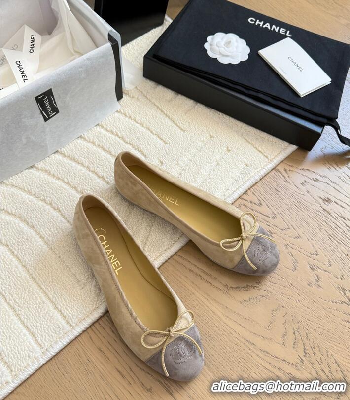 Grade Quality Chanel CC 25C Ballet Flat With Bow Two-tone Suede CH1023 Beige/Grey