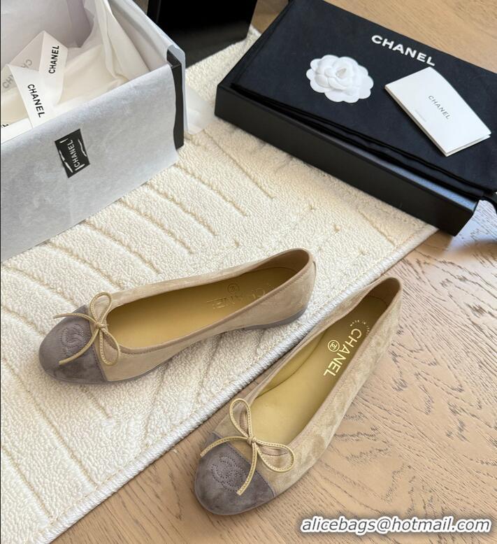 Grade Quality Chanel CC 25C Ballet Flat With Bow Two-tone Suede CH1023 Beige/Grey